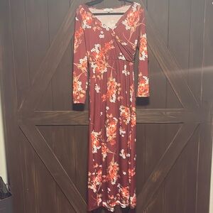 Aooksmery- Medium Burgundy with floral design Floor length dress.